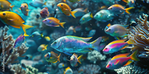 Vibrant fish congregate amidst a colorful coral garden, gently gliding and shimmering with hues. © Lila Patel