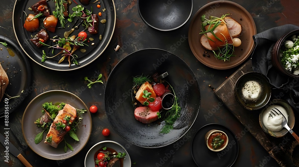 Black plates with delicious food on dark background. Black plates with delicious food on dark background.