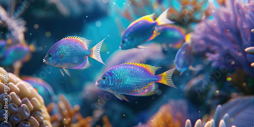 Vibrant fish congregate amidst a colorful coral garden, gently gliding and shimmering with hues.
