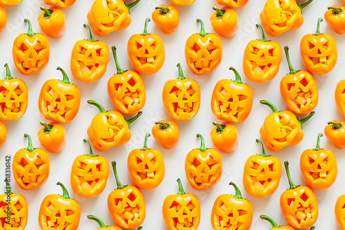 A bunch of orange peppers with faces carved into them