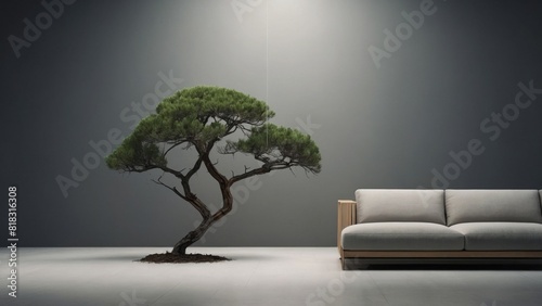Minimalist design. On a light background there is a white sofa, and next to it is a large Bonsai tree. The concept of spiritual growth and development. © Sahaidachnyi Roman