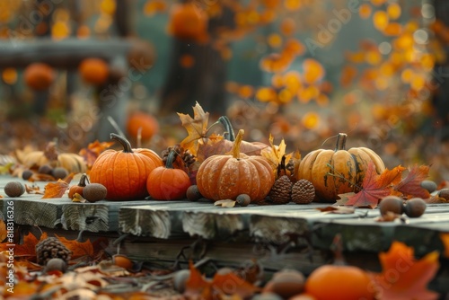 A charming autumn scene featuring a rustic wooden table adorned with pumpkins  acorns  and fallen leaves  perfect for conveying Thanksgiving cheer.