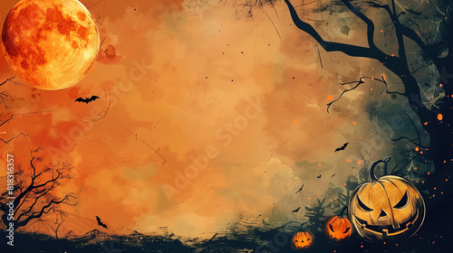 carved pumpkins with an evil face, full moon in the dark on Halloween night, watercolor pumpkin, full moon on an orange background, Halloween banner with space for text