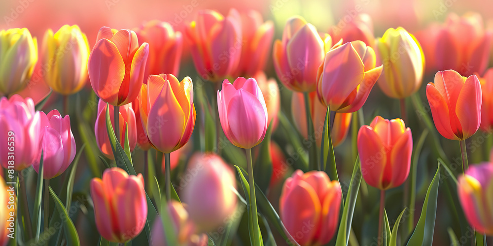 Vibrant tulip field harmonizes with wind, painting nature's masterpiece. Vibrant tulip field harmonizes with wind, painting nature's masterpiece.