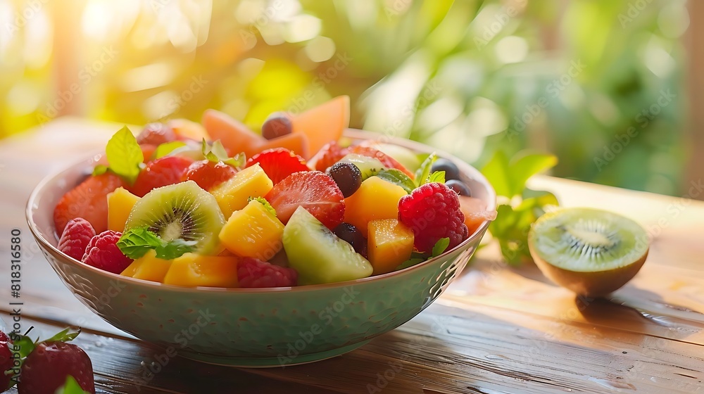 Close-up of a bowl of fresh and organic fruit salad with melon, kiwi, raspberry, strawberry and lime. Close-up of a bowl of fresh and organic fruit salad with melon, kiwi, raspberry, strawberry and lime.
