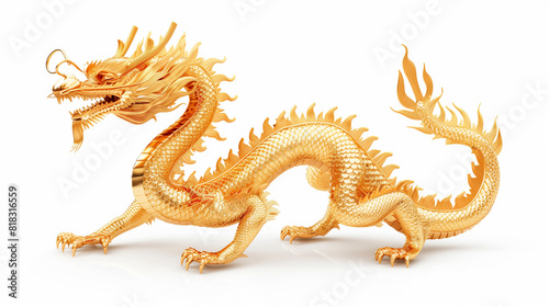 A stunning golden dragon statue  representing Chinese tradition and culture  stands proudly on a white background. 