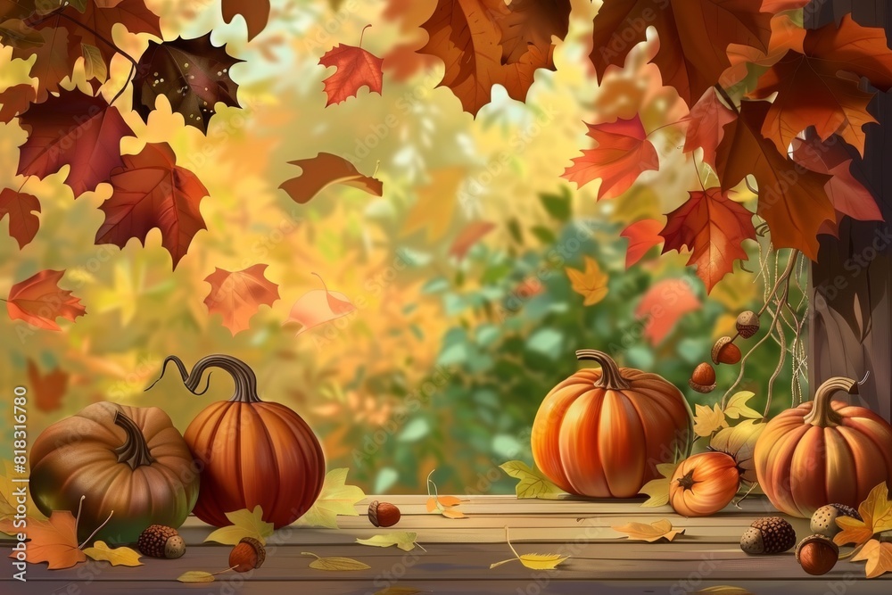 Embrace the warmth of the season with a rustic tableau featuring pumpkins, acorns, and fallen leaves adorning a wooden table outdoors, perfect for your Thanksgiving message. Embrace the warmth of the season with a rustic tableau featuring pumpkins, acorns, and fallen leaves adorning a wooden table outdoors, perfect for your Thanksgiving message.