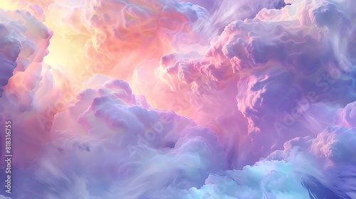 Colorful abstract painting. Pastel shades of pink  blue and yellow. Delicate  soft and fluffy clouds.