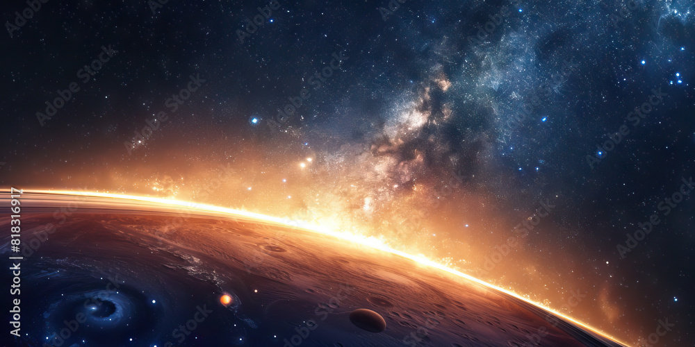 Obraz premium Galactic Symphony: Milky Way Over Vivid Planet and Luminous Rings