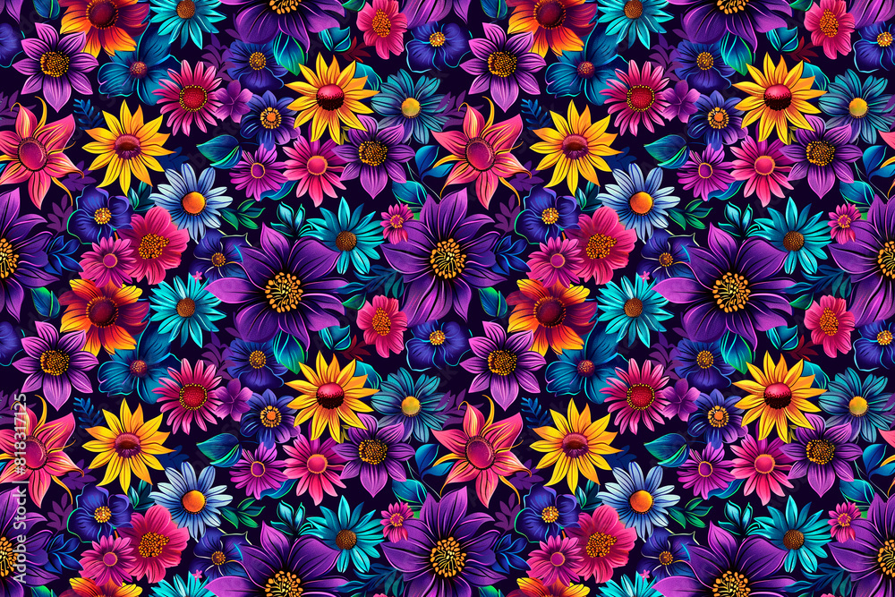 Seamless pattern of vibrant flowers on dark background