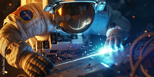 An astronaut uses a laser cutting tool to slice through a spaceship. Space walk universe space.