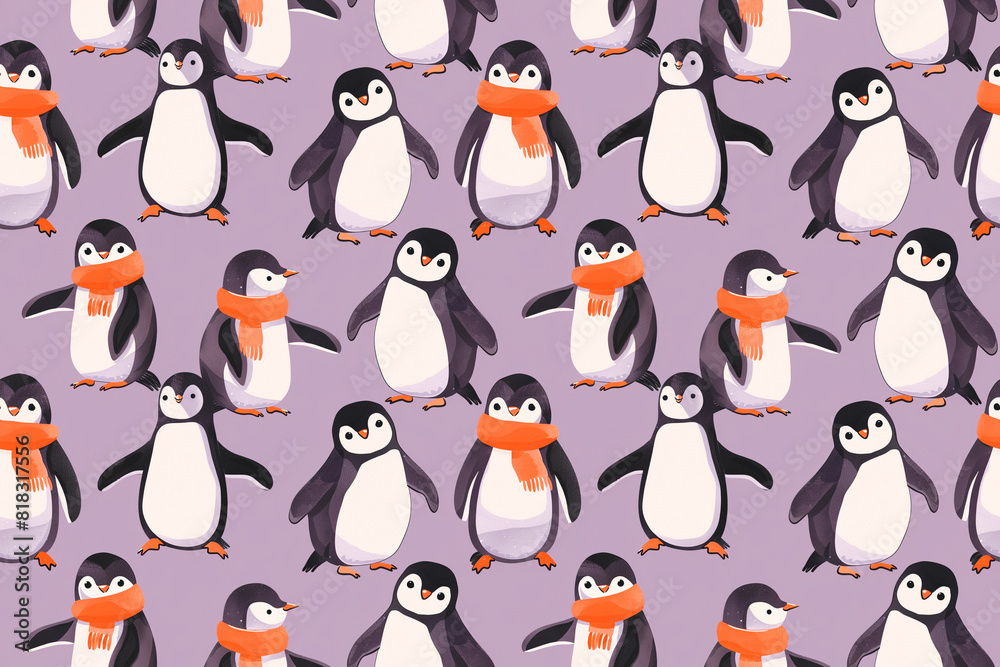 Obraz premium Seamless pattern of cute penguins with scarves on a purple background