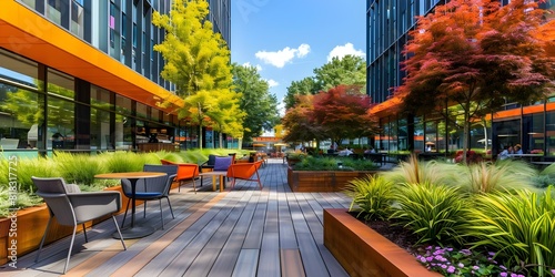 Contemporary urban office plaza featuring outdoor seating, landscaping, and a coffee shop. Concept Urban Office Plaza, Outdoor Seating, Landscaping, Coffee Shop, Modern Architecture