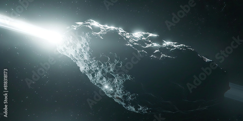 A giant asteroid hurtles through the darkness, its icy surface reflecting a brilliant white light