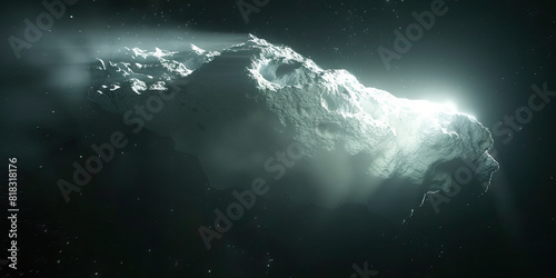 A giant asteroid hurtles through the darkness, its icy surface reflecting a brilliant white light photo