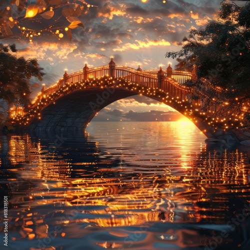 Elegant GoldenLit Bridge at Twilight A Serene Reflection of Exquisite Craftsmanship