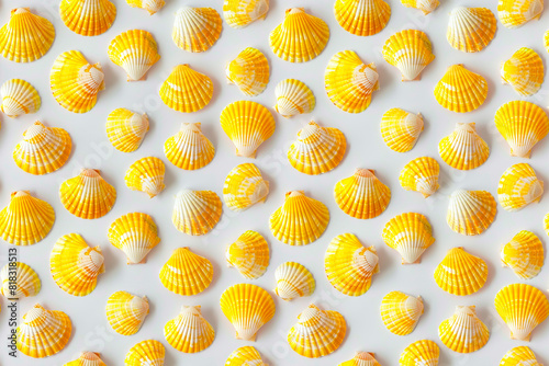 seamless pattern of yellow seashells on white background