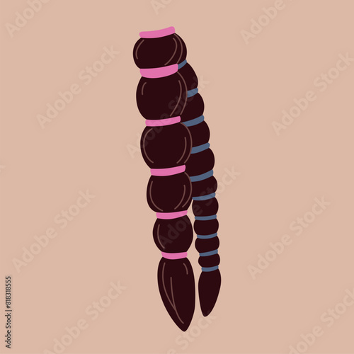 Trendy hairstyle with scrunchies. Dark braids. Modern hairdo. Cartoon vector illustration. 