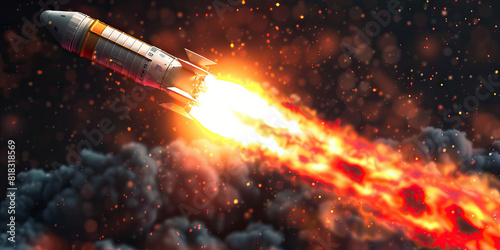 A rocket ship blasts off from a launch pad, its trail leaving a vibrant red streak behind.