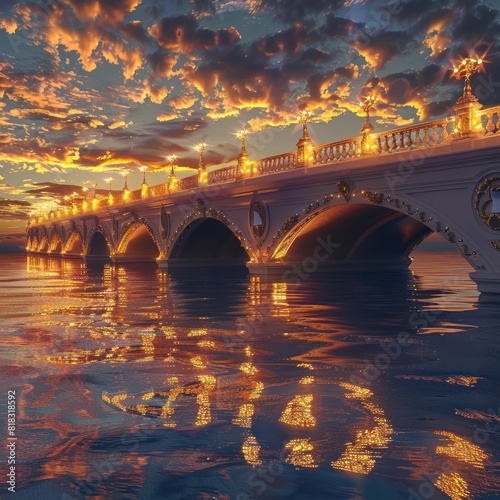 Elegant GoldenLit Bridge at Tranquil Sunset Reflecting off Peaceful Waters