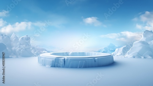 Ice podium background snow winter product platform cold mountain 3D. Podium ice display background cosmetic sky floor blue scene landscape frozen white cool stand pedestal minimal rock glacier nature photo