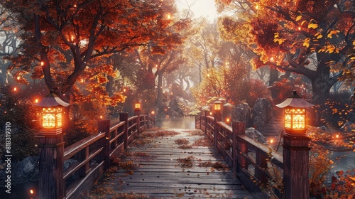 Rustic Bridge with Soft Light Lanterns in a Autumn Forest A Warm and Peaceful D Rendered Scene