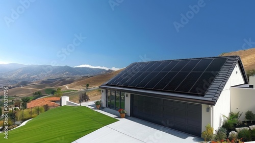 Eco-Friendly Modern Living - Modern sustainable home with solar panels and heat pump  set against a mountainous backdrop.