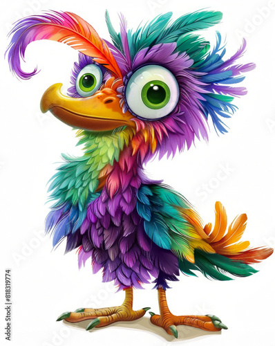 Colorful, Whimsical Cartoon Bird with Vibrant Feathers and Big Green Eyes. © tilialucida