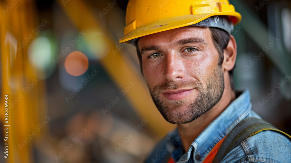 A man wearing a yellow hard hat and a blue shirt is smiling A man wearing a yellow hard hat and a blue shirt is smiling