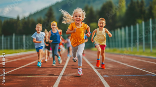 A group of happy and energetic children are running on a track, filled with joy and enthusiasm. 