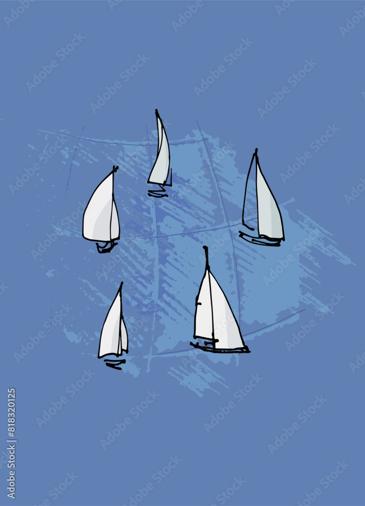 Poster or Background with hand drawn sailing boats and waves on blue background for surface design and other design projects. Sailing and fishing concept
