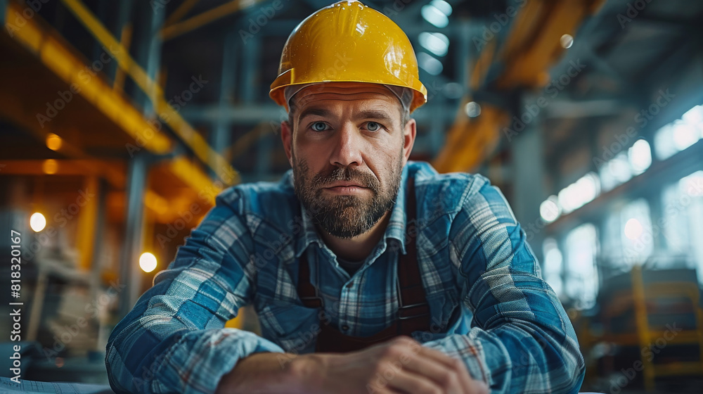 A man wearing a yellow hard hat and blue plaid shirt is leaning against a wall A man wearing a yellow hard hat and blue plaid shirt is leaning against a wall