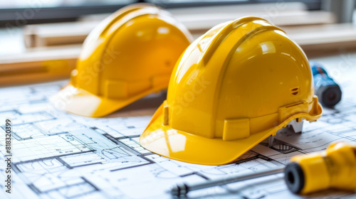 Two yellow hard hats are on top of a blueprint