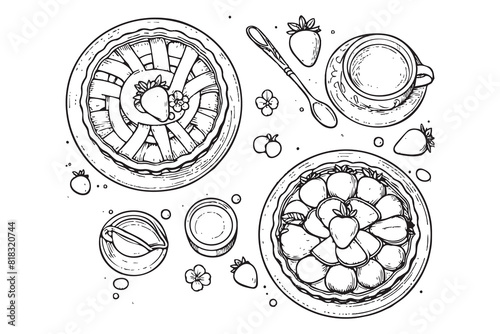 Continuous one line drawing of strawberry pie, cake. vector illustration. photo