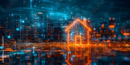 Advancements in Smart Home Technology  Urban Skyline Hologram with Blue Background. Concept Smart Home Technology  Urban Skyline Hologram  Blue Background  Advancements