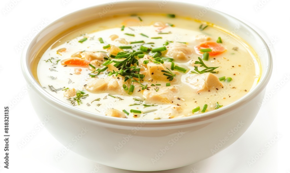 Creamy chicken soup with vegetables, garnished with herbs in a white bowl on a bright background Creamy chicken soup with vegetables, garnished with herbs in a white bowl on a bright background