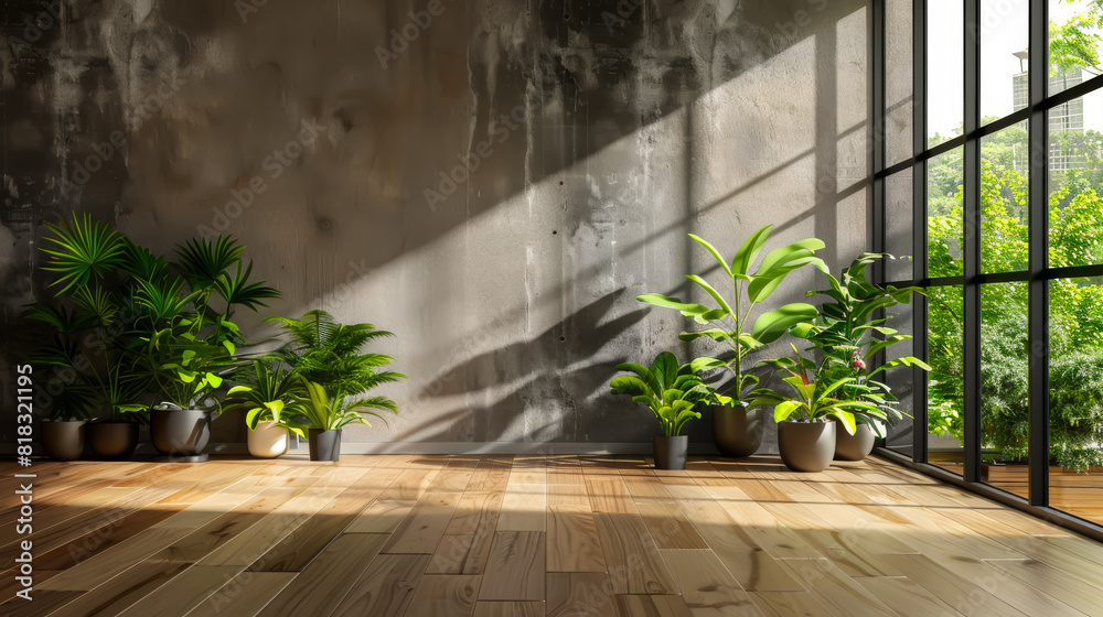 Empty room of modern contemporary loft with plants on 01 Empty room of modern contemporary loft with plants on 01