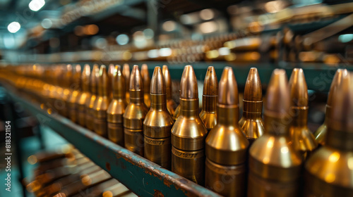 A row of bullets are lined up on a shelf photo