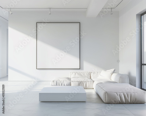 Minimalist interior with one large frame on a white wall, featuring a white modular sectional and a sleek white floating table. photo
