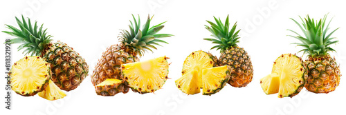 Set of Whole pineapple and pineapple slice. Pineapple with leaves isolate on white. Full depth of field isolated on a transparent background
