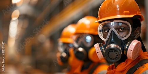Assessing Toxic Spills in Industrial Warehouses: Technicians in Gas Masks. Concept Industrial Hazards, Emergency Response, Safety Procedures, Contamination Cleanup, Hazardous Material Handling photo