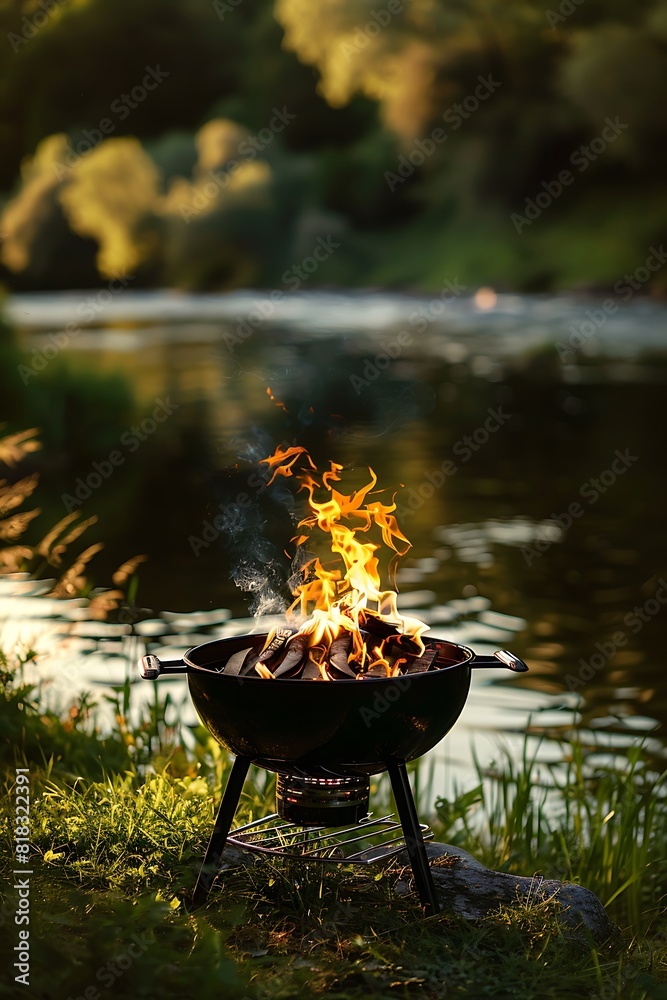 black grill with fire isolated on lake background, camping weekends in nature, summer leisure time, relax and eat black grill with fire isolated on lake background, camping weekends in nature, summer leisure time, relax and eat