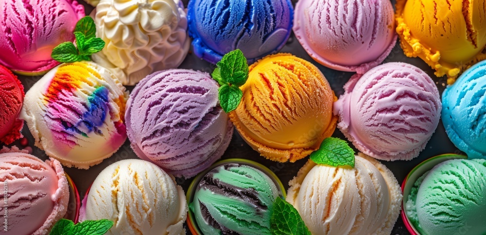 Colorful ice cream balls background, top view of many different colored ice creams with mint leaves, top down view, pattern for design, wallpaper, poster, advertising banner, icecream shop Colorful ice cream balls background, top view of many different colored ice creams with mint leaves, top down view, pattern for design, wallpaper, poster, advertising banner, icecream shop