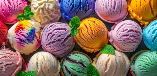 Colorful ice cream balls background, top view of many different colored ice creams with mint leaves, top down view, pattern for design, wallpaper, poster, advertising banner, icecream shop