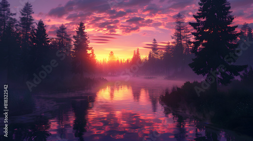 Sunset Aesthetic: Flaming Skies Reflecting over a Serene River Landscape © Minnie