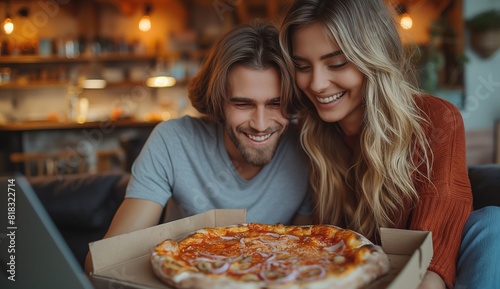 AI generated illustration of two individuals sitting  gazing at a pizza inside a box
