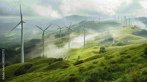 Renewable energy landscape with wind turbines amidst green, misty hills under cloudy skies.