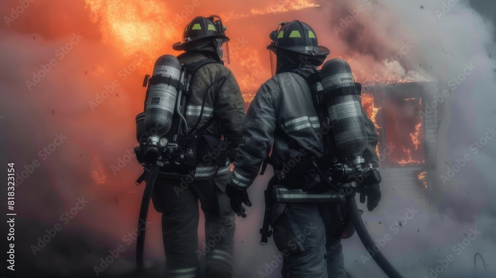 Two firefighters are shown in heroic action against a raging house fire, demonstrating bravery and urgency Two firefighters are shown in heroic action against a raging house fire, demonstrating bravery and urgency