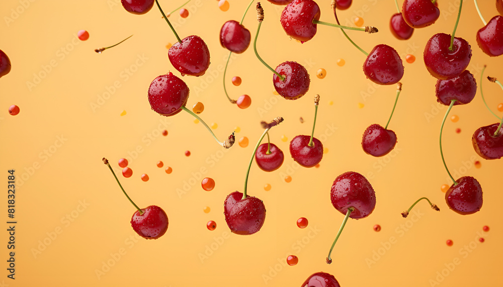 Fresh cherries falling on pale orange background Fresh cherries falling on pale orange background
