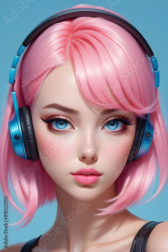 girl in headphones listens to music on pink minimalistic background (ID: 818323150)